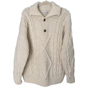 Handmade Ecuador 100% Wool Fisherman Sweater Men’s Large Cream Beige Chunky Knit